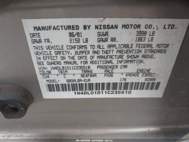 2001 Nissan Altima Gxe მანქანა იყიდება აუქციონზე, vin: 1N4DL01D11C235510, აუქციონის ნომერი: 44878036