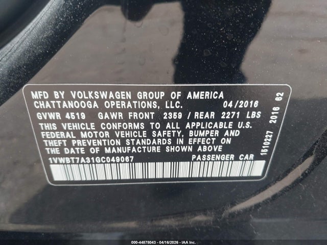 Продаж на аукціоні авто 2016 Volkswagen Passat 1.8t Se, vin: 1VWBT7A31GC049067, номер лоту: 44878043