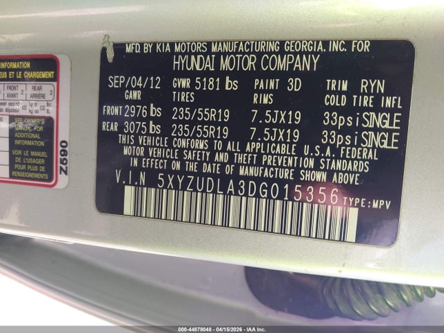 44878048 :رقم المزاد ، 5XYZUDLA3DG015356 vin ، 2013 Hyundai Santa Fe Sport 2.0t مزاد بيع