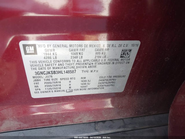 Aukcja sprzedaży 2017 Chevrolet Trax Ls, vin: 3GNCJKSB3HL148587, numer aukcji: 44878055