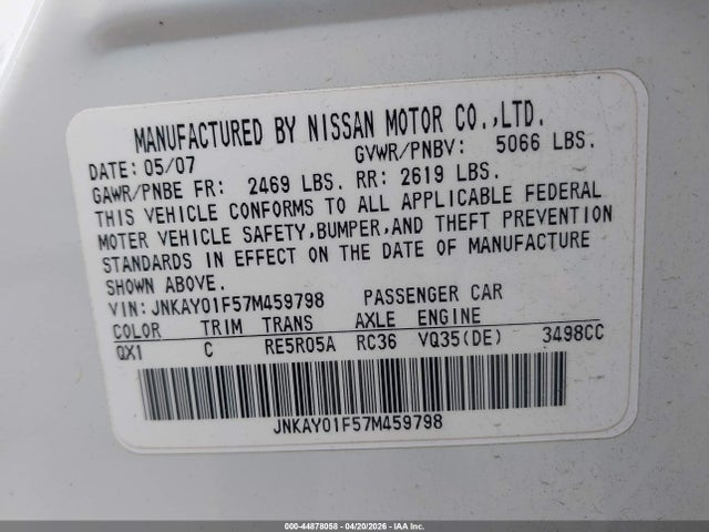Aukcja sprzedaży 2007 Infiniti M35x, vin: JNKAY01F57M459798, numer aukcji: 44878058