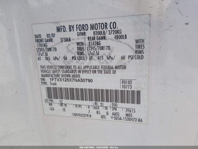Aukcja sprzedaży 2007 Ford F-150 Xl/xlt, vin: 1FTVX125X7NA50790, numer aukcji: 44878082
