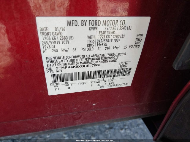 Продаж на аукціоні авто 2016 Ford Edge Titanium, vin: 2FMPK4K9XGBB17066, номер лоту: 44878085