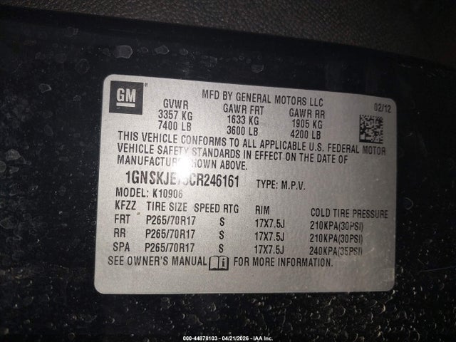 Aukcja sprzedaży 2012 Chevrolet Suburban 1500 Lt, vin: 1GNSKJE75CR246161, numer aukcji: 44878103