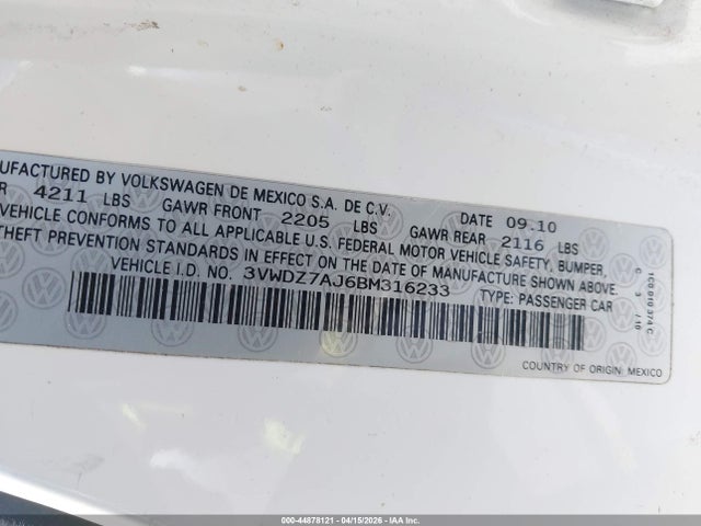 Aukcja sprzedaży 2011 Volkswagen Jetta 2.5l Se, vin: 3VWDZ7AJ6BM316233, numer aukcji: 44878121