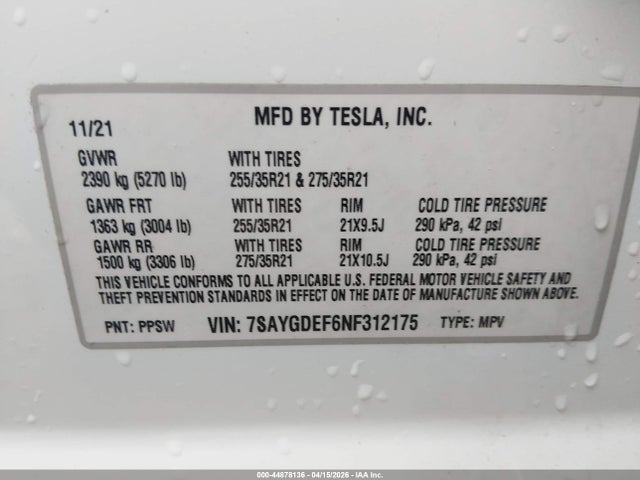 44878136 :رقم المزاد ، 7SAYGDEF6NF312175 vin ، 2022 Tesla Model Y Performance Dual Motor All-wheel Drive مزاد بيع