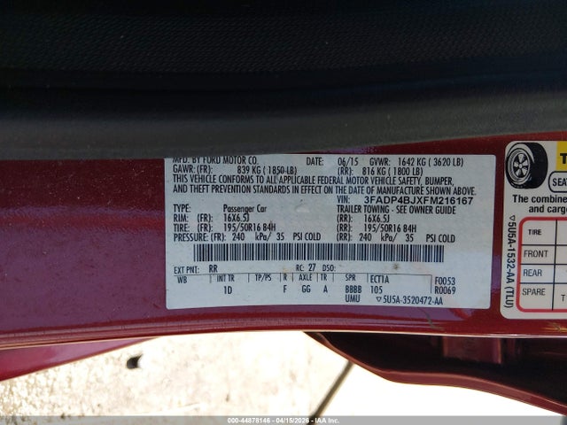 44878146 :رقم المزاد ، 3FADP4BJXFM216167 vin ، 2015 Ford Fiesta Se مزاد بيع