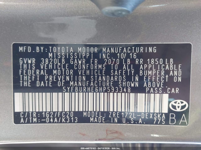 5YFBURHE6HP593348 Toyota COROLLA SE
