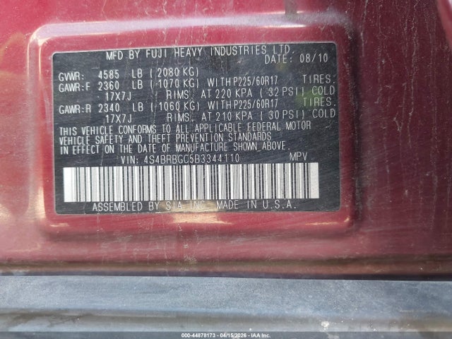 Aukcja sprzedaży 2011 Subaru Outback 2.5i Premium, vin: 4S4BRBGC5B3344110, numer aukcji: 44878173