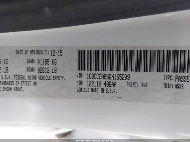 Продажа на аукционе авто 2016 Chrysler 200 Limited, vin: 1C3CCCAB5GN165209, номер лота: 44878178