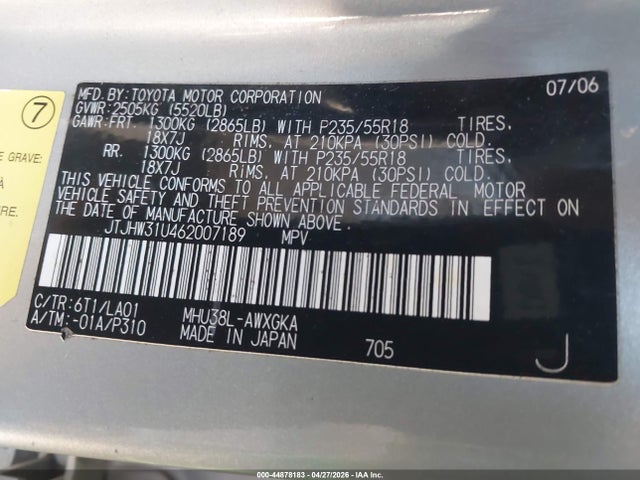 44878183 :رقم المزاد ، JTJHW31U462007189 vin ، 2006 Lexus Rx 400h مزاد بيع