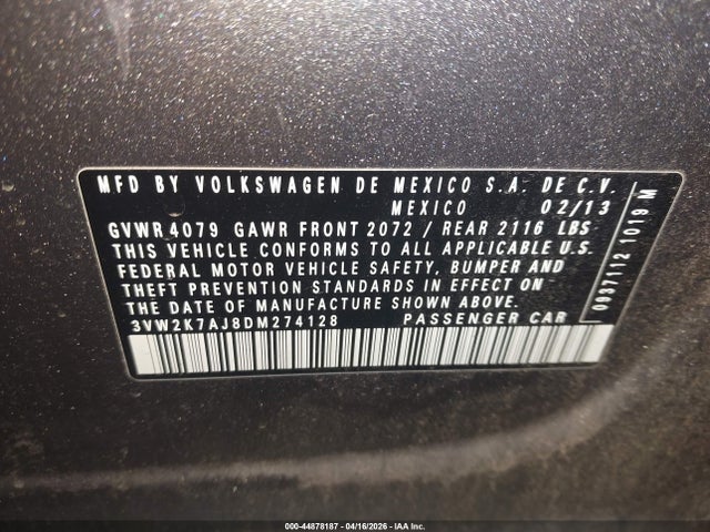 44878187 :رقم المزاد ، 3VW2K7AJ8DM274128 vin ، 2013 Volkswagen Jetta 2.0l S مزاد بيع