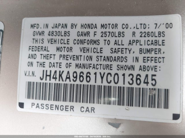 Aukcja sprzedaży 2000 Acura Rl 3.5, vin: JH4KA9661YC013645, numer aukcji: 44878189