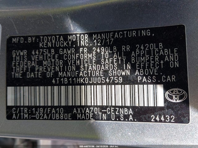 Продаж на аукціоні авто 2018 Toyota Camry Le, vin: 4T1B11HK0JU054759, номер лоту: 44878196