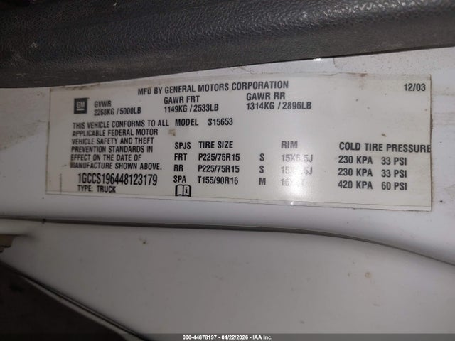 Продажа на аукционе авто 2004 Chevrolet Colorado Ls, vin: 1GCCS196448123179, номер лота: 44878197