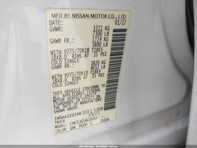 Nissan Titan Pro-4x 4x4 2022 1N6AA1ED1NN101509 Image 9