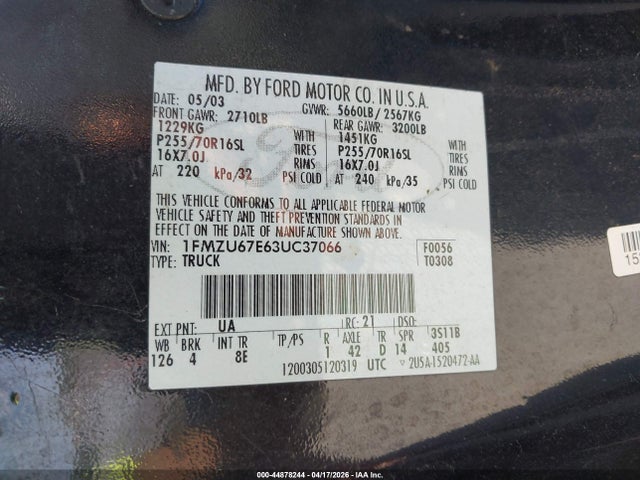 2003 Ford Explorer Sport Trac მანქანა იყიდება აუქციონზე, vin: 1FMZU67E63UC37066, აუქციონის ნომერი: 44878244
