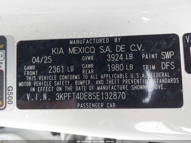 2025 Kia K4 Lxs მანქანა იყიდება აუქციონზე, vin: 3KPFT4DE8SE132870, აუქციონის ნომერი: 44878249