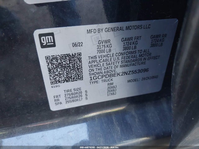 Aukcja sprzedaży 2022 Chevrolet Silverado 1500 4wd  Short Bed Custom, vin: 1GCPDBEK2NZ553096, numer aukcji: 44878250