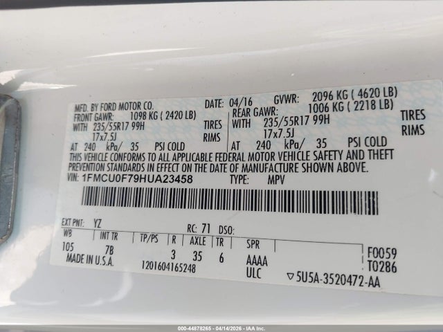 1FMCU0F79HUA23458 Ford ESCAPE S