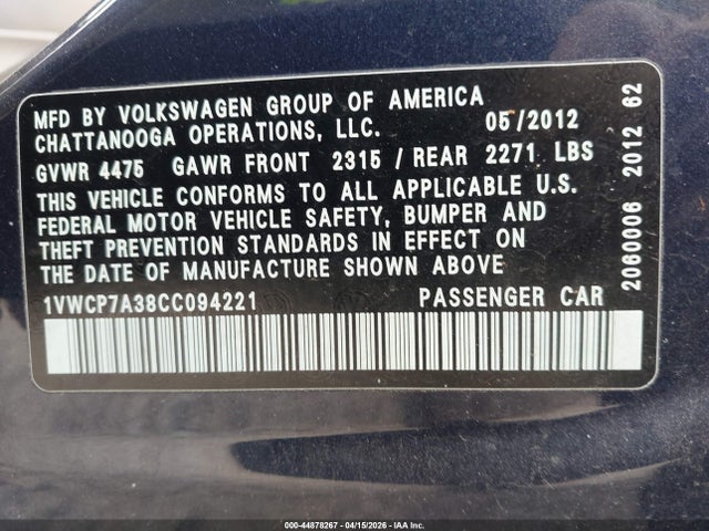 Продаж на аукціоні авто 2012 Volkswagen Passat 2.5l Sel Premium, vin: 1VWCP7A38CC094221, номер лоту: 44878267