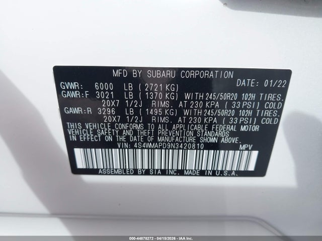 44878272 :رقم المزاد ، 4S4WMAPD9N3420810 vin ، 2022 Subaru Ascent Limited مزاد بيع