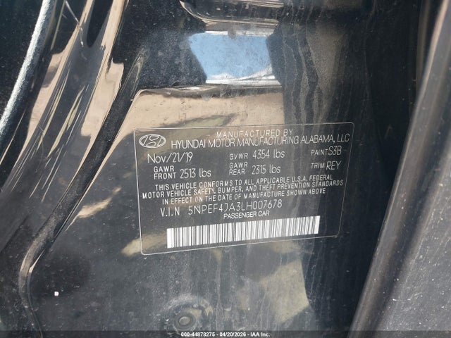 2020 Hyundai Sonata Sel მანქანა იყიდება აუქციონზე, vin: 5NPEF4JA3LH007678, აუქციონის ნომერი: 44878275