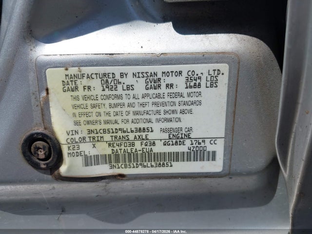 Aukcja sprzedaży 2006 Nissan Sentra 1.8s, vin: 3N1CB51D96L638851, numer aukcji: 44878278