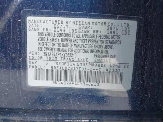 44878279 :رقم المزاد ، 3N1AB7AP1KY362210 vin ، 2019 Nissan Sentra Sv مزاد بيع