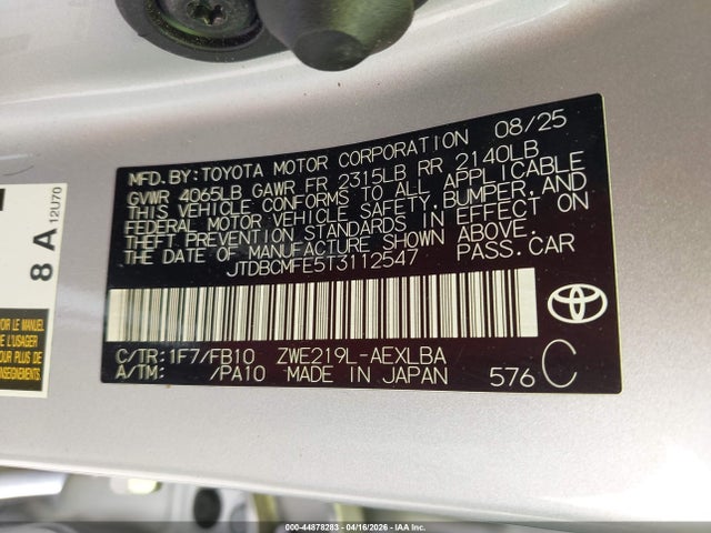 Продажа на аукционе авто 2026 Toyota Corolla Hybrid Hybrid Le, vin: JTDBCMFE5T3112547, номер лота: 44878283