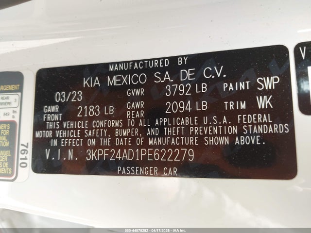 Aukcja sprzedaży 2023 Kia Forte Lxs, vin: 3KPF24AD1PE622279, numer aukcji: 44878292