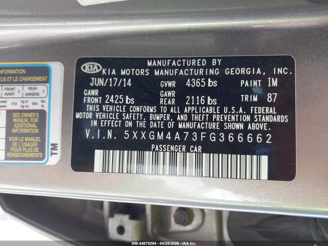 2015 Kia Optima Lx მანქანა იყიდება აუქციონზე, vin: 5XXGM4A73FG366662, აუქციონის ნომერი: 44878294