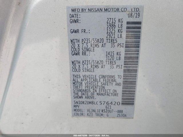 44878299 :رقم المزاد ، 5N1DR2DM8LC576420 vin ، 2020 Nissan Pathfinder Platinum 4wd مزاد بيع