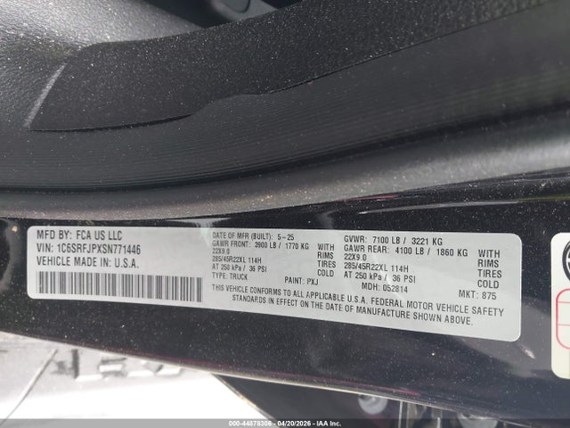 Aukcja sprzedaży 2025 Ram 1500 Laramie  4x4 5'7 Box, vin: 1C6SRFJPXSN771446, numer aukcji: 44878306
