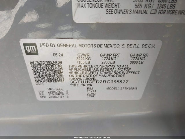 Продажа на аукционе авто 2024 Gmc Sierra 1500 4wd  Short Box Elevation With 3sb, vin: 3GTUUCED2RG395827, номер лота: 44878307