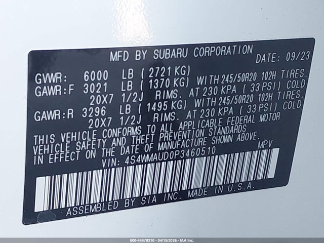 2023 Subaru Ascent Limited 7-passenger მანქანა იყიდება აუქციონზე, vin: 4S4WMAUD0P3460510, აუქციონის ნომერი: 44878310