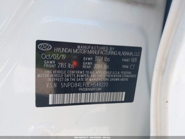 Продаж на аукціоні авто 2020 Hyundai Elantra Sel, vin: 5NPD84LF0LH548220, номер лоту: 44878317