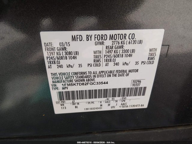 44878318 :رقم المزاد ، 1FM5K7D82FGC33544 vin ، 2015 Ford Explorer Xlt مزاد بيع