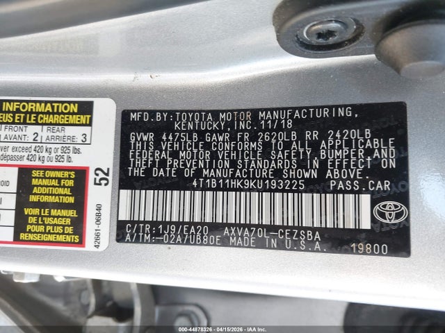 Продажа на аукционе авто 2019 Toyota Camry Se, vin: 4T1B11HK9KU193225, номер лота: 44878326