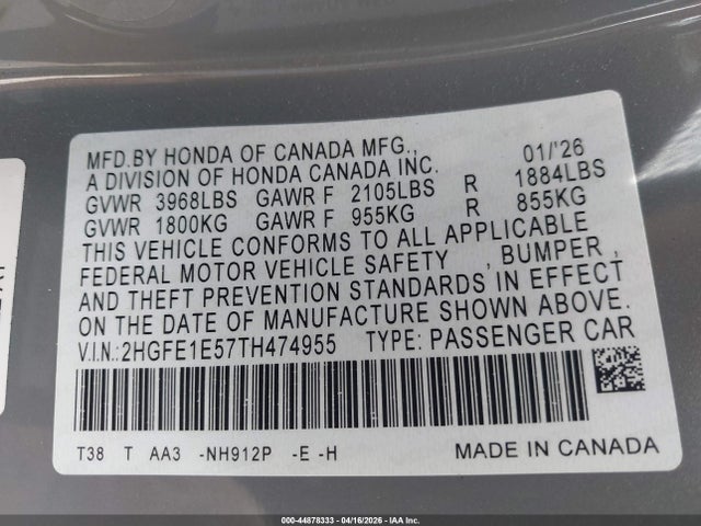 Продажа на аукционе авто 2026 Honda Civic Si Sedan, vin: 2HGFE1E57TH474955, номер лота: 44878333