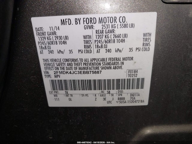 Продаж на аукціоні авто 2014 Ford Edge Sel, vin: 2FMDK4JC3EBB75887, номер лоту: 44878342