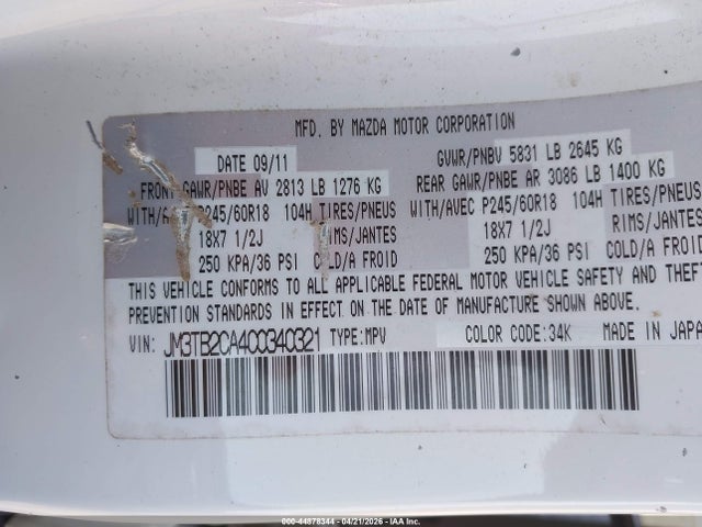 Aukcja sprzedaży 2012 Mazda Cx-9 Touring, vin: JM3TB2CA4C0340321, numer aukcji: 44878344