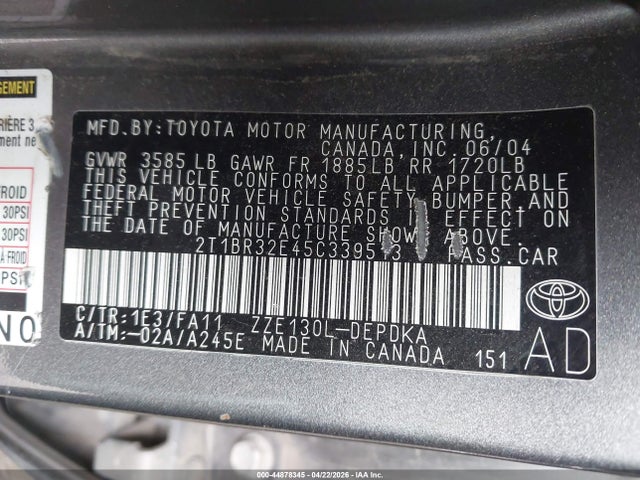 44878345 :رقم المزاد ، 2T1BR32E45C339513 vin ، 2005 Toyota Corolla Ce مزاد بيع