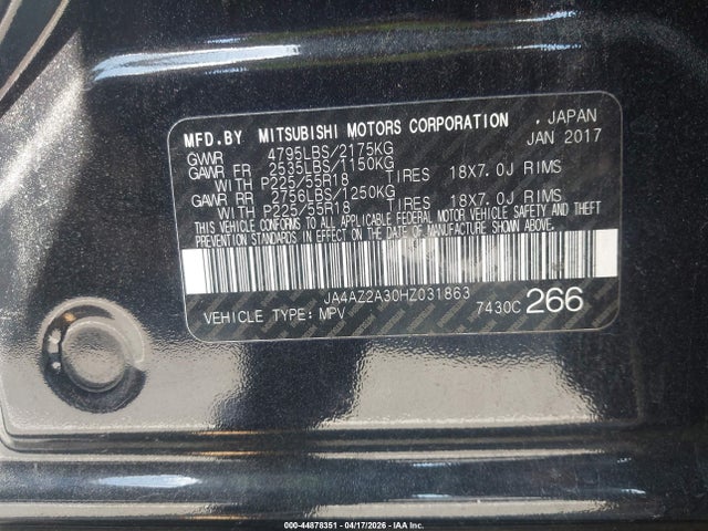 Продаж на аукціоні авто 2017 Mitsubishi Outlander Es, vin: JA4AZ2A30HZ031863, номер лоту: 44878351