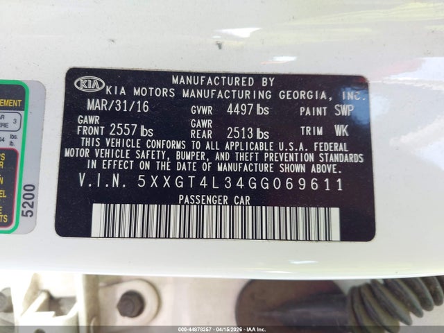 44878357 :رقم المزاد ، 5XXGT4L34GG069611 vin ، 2016 Kia Optima Lx مزاد بيع