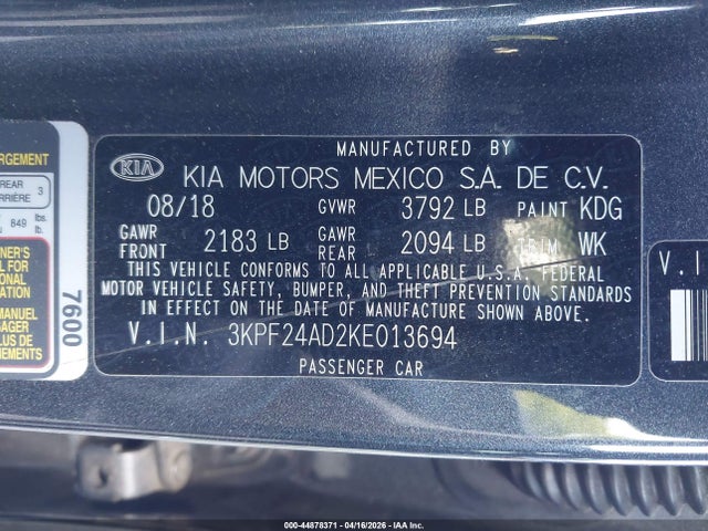 Продажа на аукционе авто 2019 Kia Forte Fe, vin: 3KPF24AD2KE013694, номер лота: 44878371