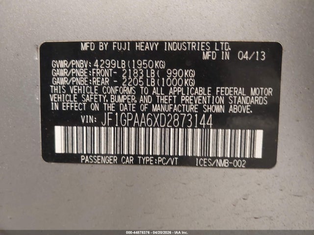 Aukcja sprzedaży 2013 Subaru Impreza Wagon 2.0i, vin: JF1GPAA6XD2873144, numer aukcji: 44878376