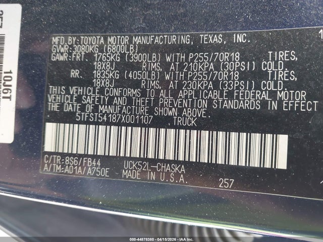 Aukcja sprzedaży 2007 Toyota Tundra Sr5 4.7l V8, vin: 5TFST54187X001107, numer aukcji: 44878380