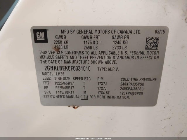 Auction sale of the 2015 Chevrolet Equinox 1lt, vin: 2GNALBEK0F6331010, lot number: 44878381