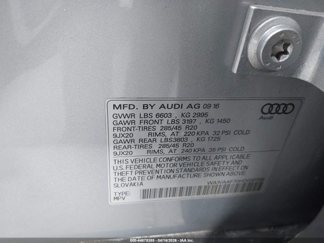 Продаж на аукціоні авто 2017 Audi Q7 3.0t Premium, vin: WA1VAAF70HD030708, номер лоту: 44878385